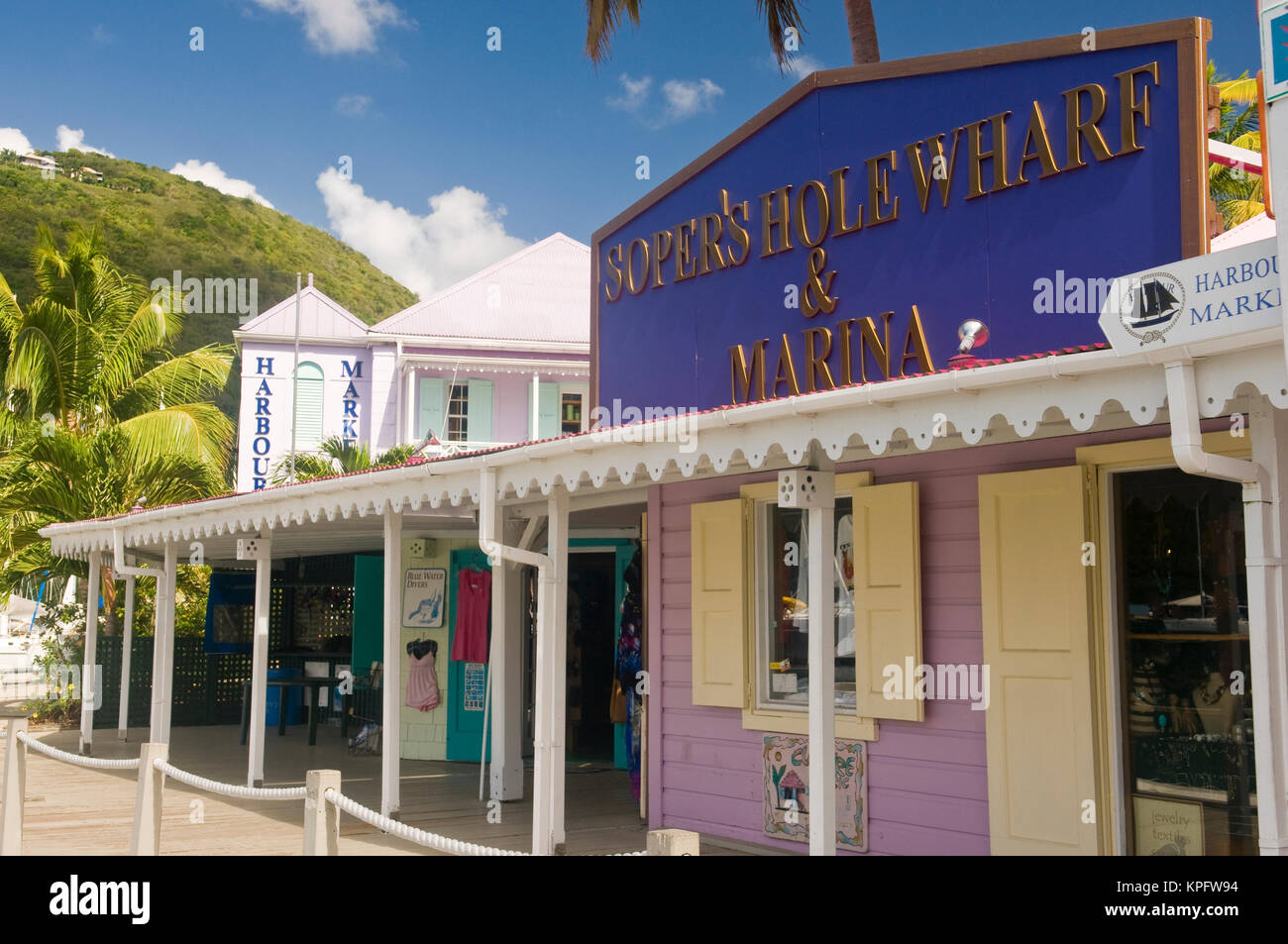 UK, BVI. Shops at Soper's Hole marina on Tortola Stock Photo - Alamy