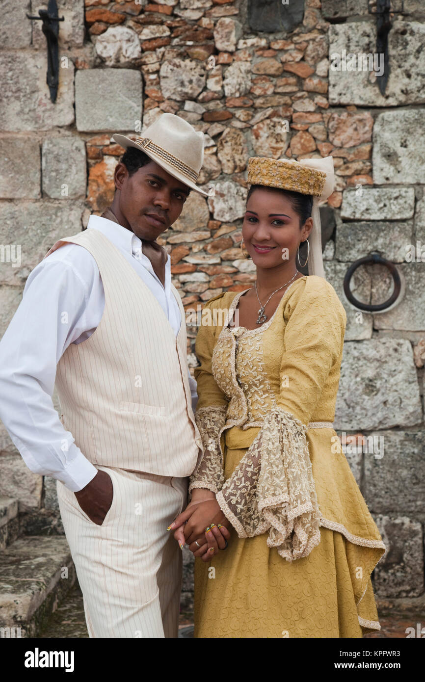 Dominican Republic, La Romana, Altos de Chavon, Dominican dancing couple in costume (MR) Stock Photo