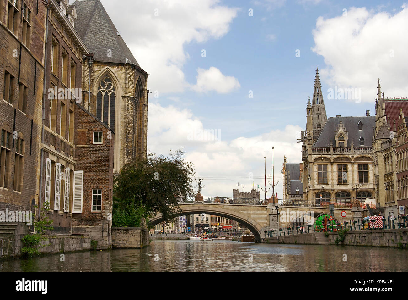 Europe, Belgium, Ghent. A view of Ghent's historic buildings and bridges from a boat tour Stock Photo