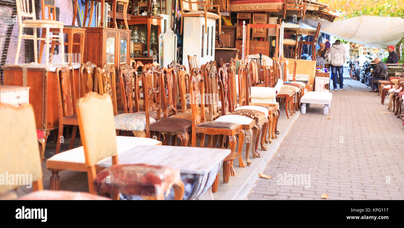 Athens, Greece. Vintage chairs and furniture collection at Monastiraki, an  open air flea market Stock Photo - Alamy