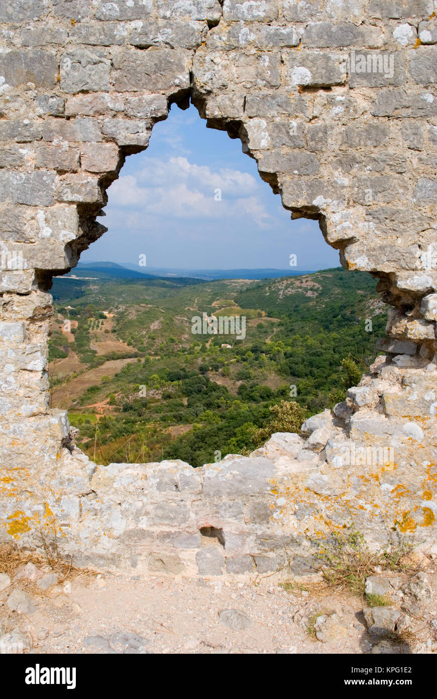 View Through Broken Castle Wall Overlooking The Bueges Valley In Stock Photo Alamy