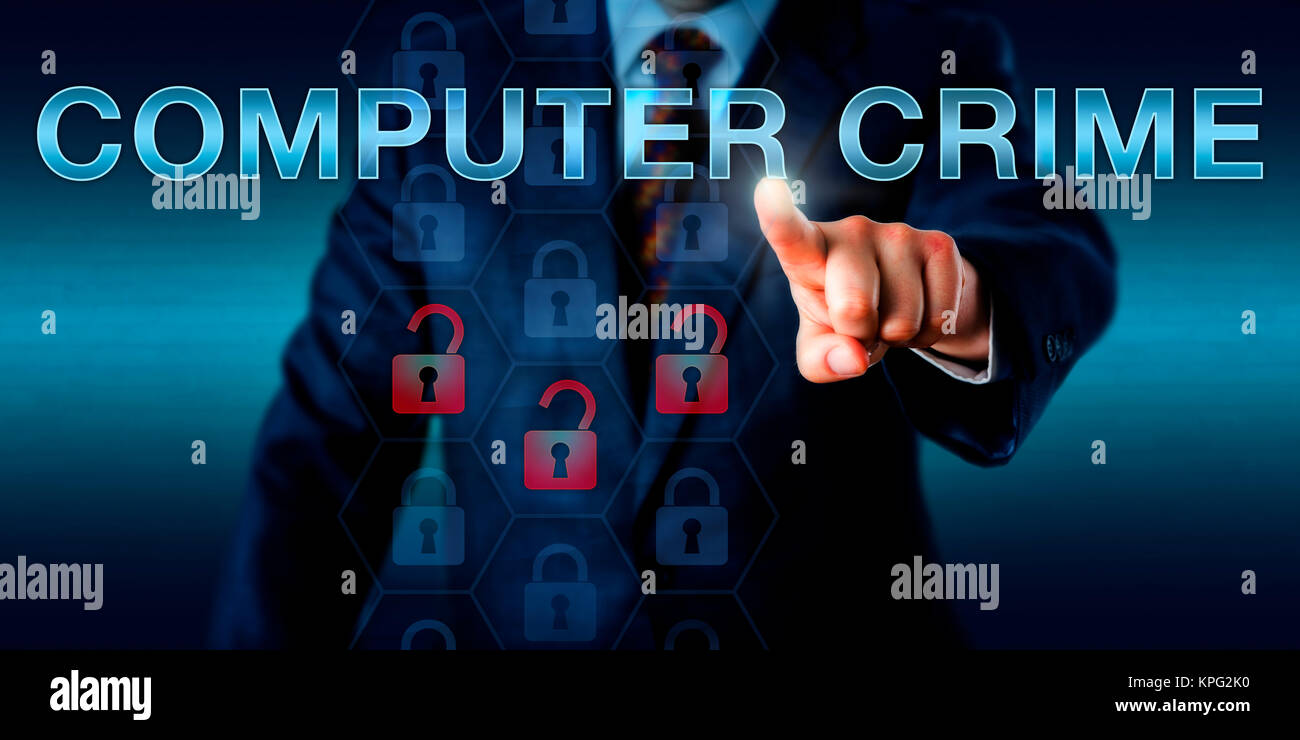 Forensic Investigator Pushing COMPUTER CRIME. Stock Photo