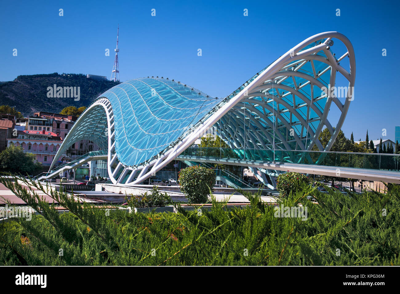 TBILISI, GEORGIA-OCT 6, 2016: Bridge of Peace over the Kura River in Tbilisi, Georgia, Oct 6, 2016. Europe. Stock Photo