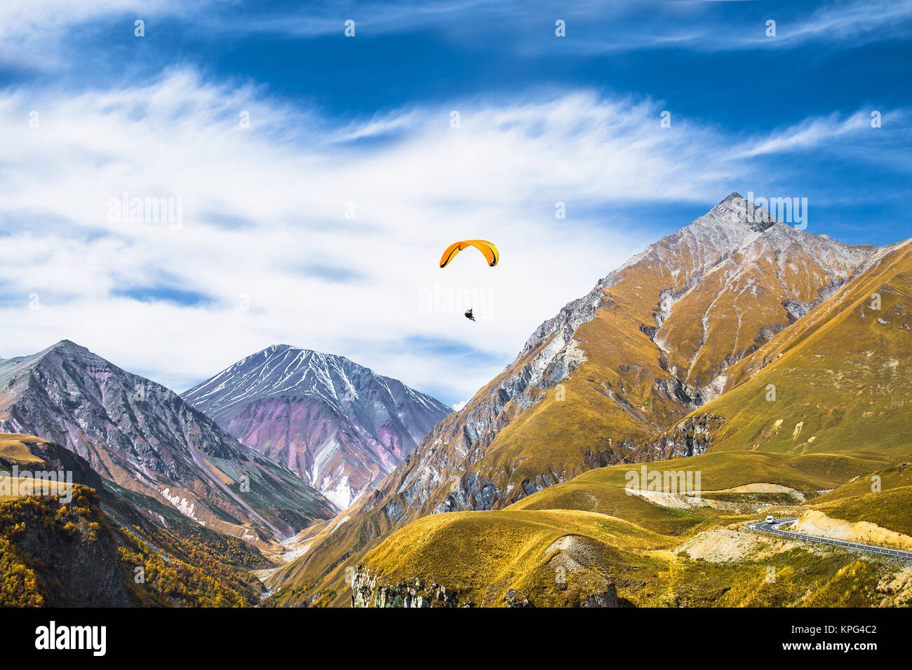 Paragliding over mountains of Gudauri.  Georgia. Europe. Stock Photo