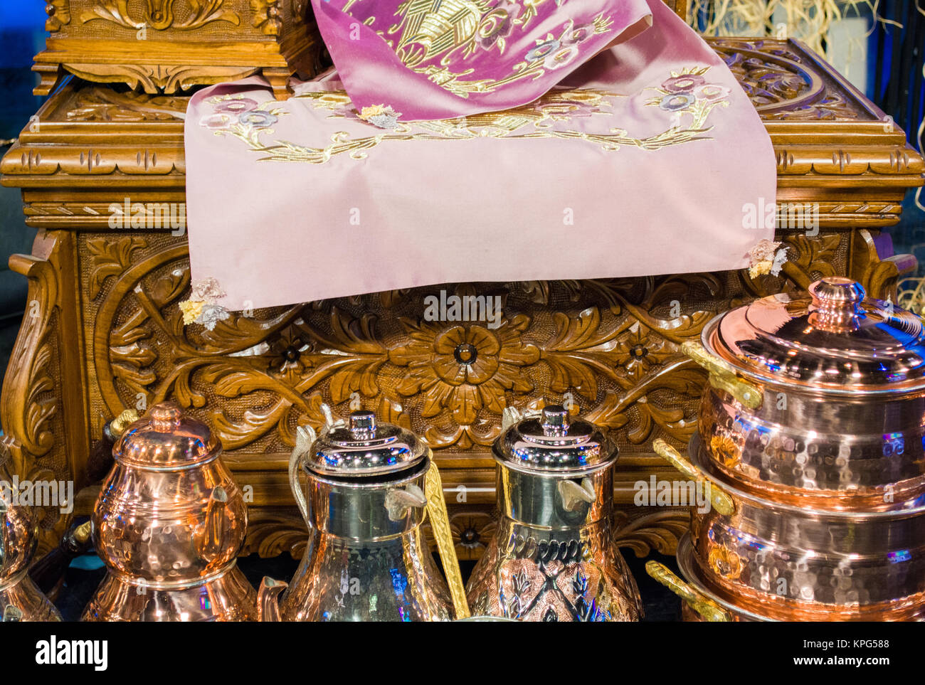 typical vintage virgin teapots and wooden chest Stock Photo