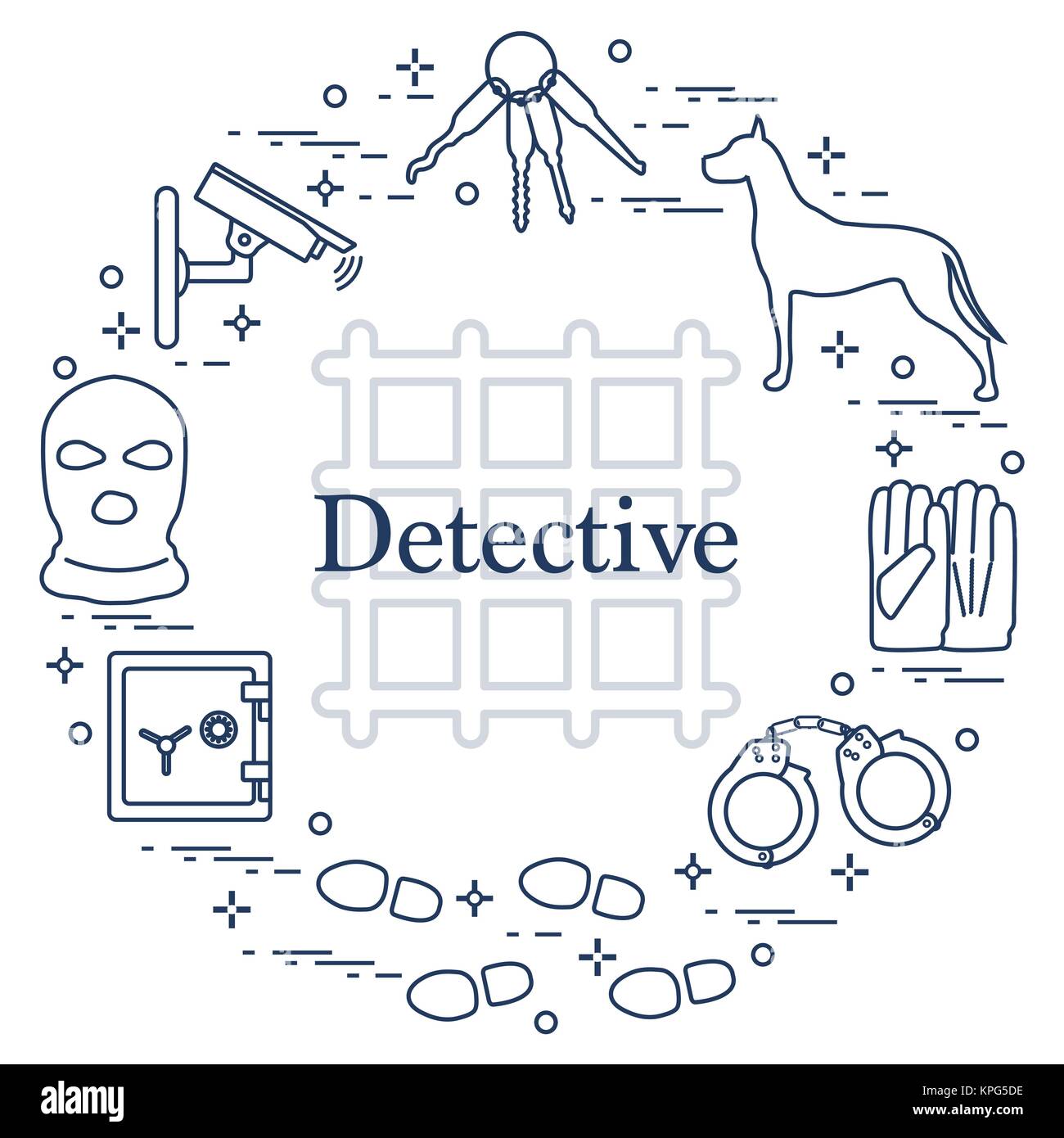 Criminal and detective elements. Crime, law and justice vector icons. Design for announcement, print. Stock Vector