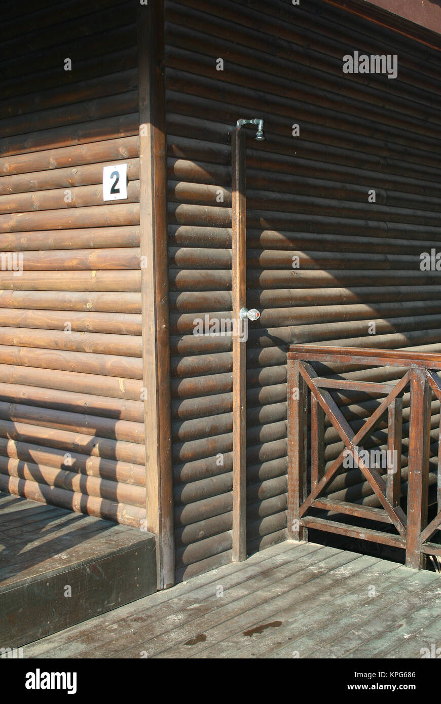 Mozambique, wooden cottage with outside shower at a holiday resort  in Ponta Do Ouro Stock Photo