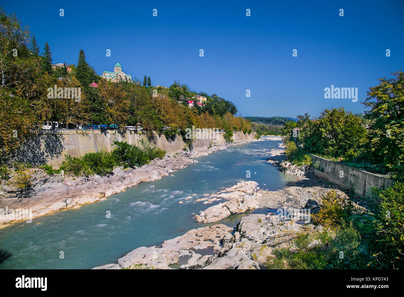 View of Bagrati Cathedral (Cathedral of Dormition) on the bank of Rioni river in Kutaisi, Caucasus region, Georgia , Europe. Stock Photo