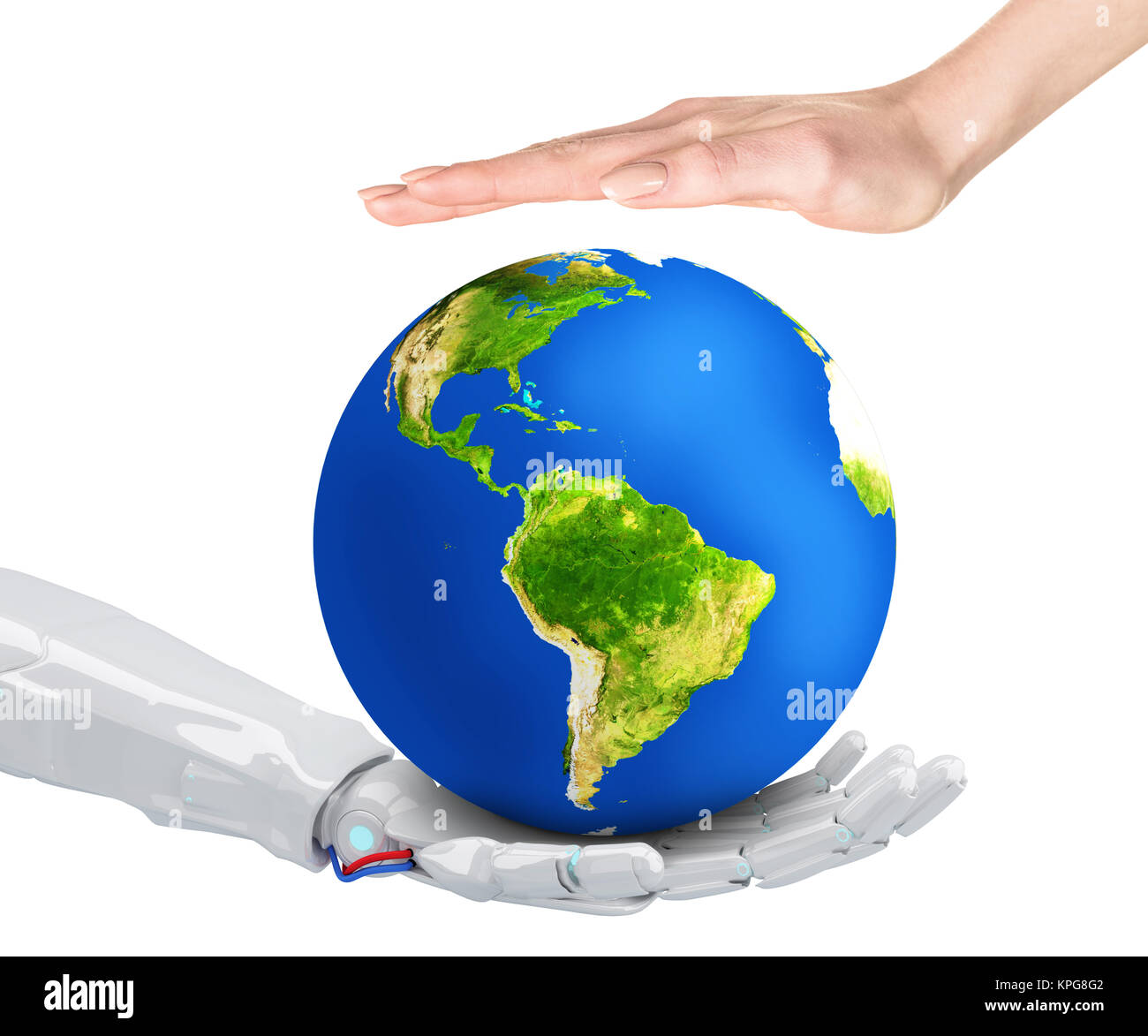 Robot and human hold Earth planet in hand. Stock Photo