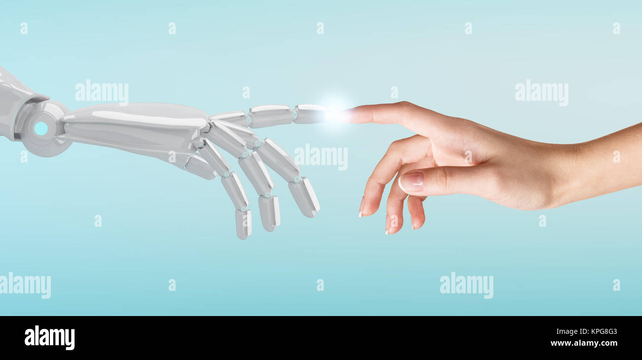 Human hand touching an android hand. Stock Photo