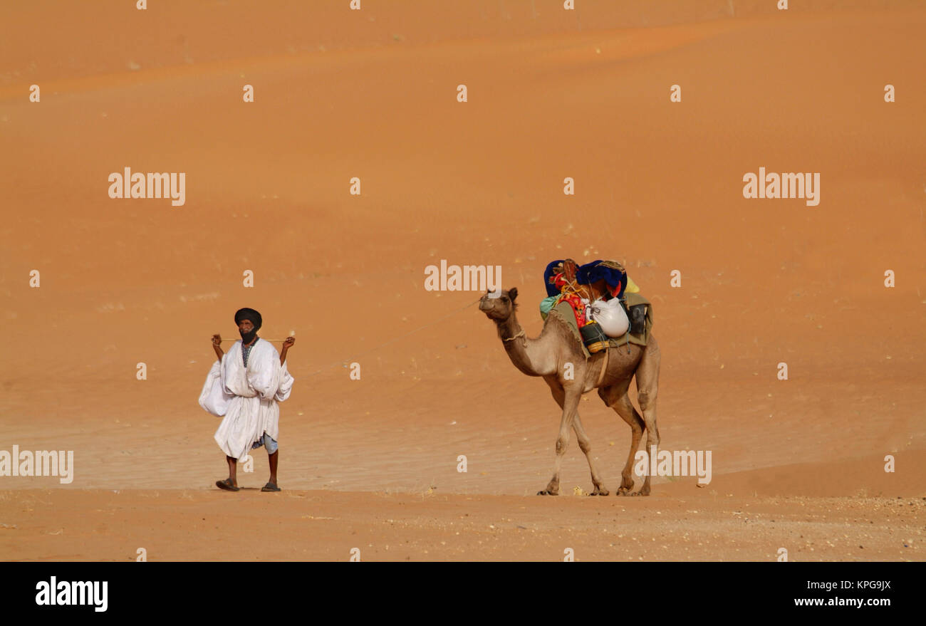 Mauritania, Route Espoir, Boutuilimit, A man with his dromedary Stock Photo