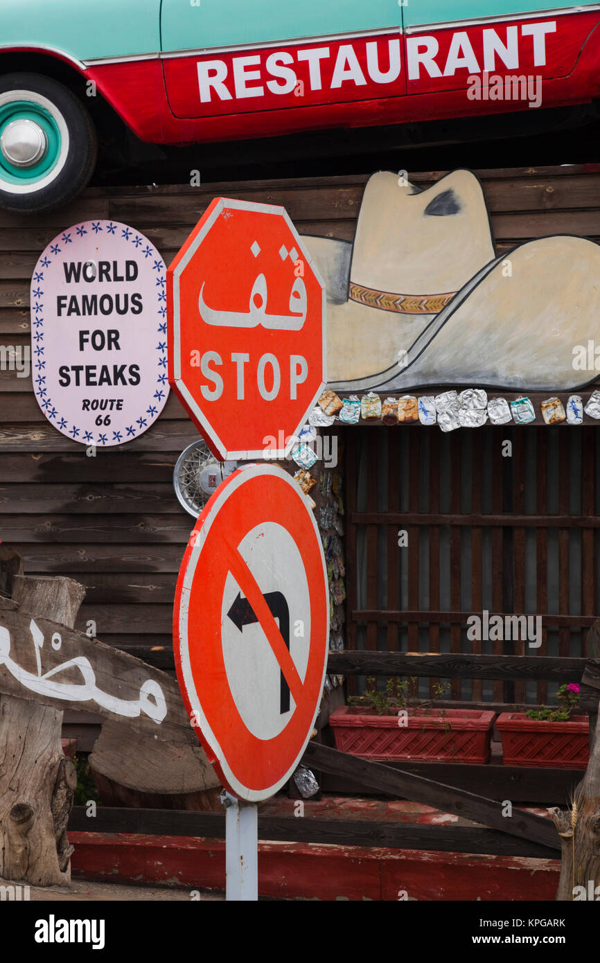 Tunisia, Tunisian Central Coast, Akouda, Route 66 theme restaurant, arabic stop sign Stock Photo
