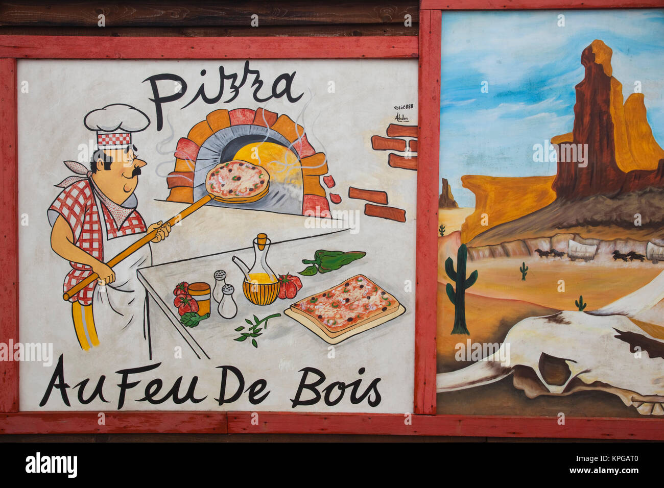 Tunisia, Tunisian Central Coast, Akouda, Route 66 theme restaurant, wood fired pizza sign Stock Photo