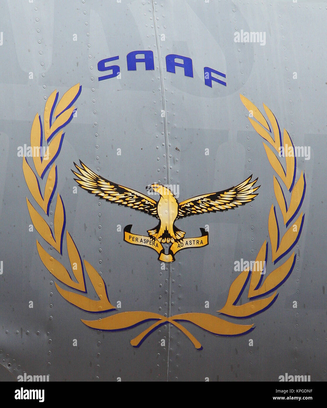 SAAF logo and Skin, Lockheed C-130 Hercules Skin at Africa 2012 Aerospace and Defence airshow, Waterkloof Airbase, Pretoria. Stock Photo