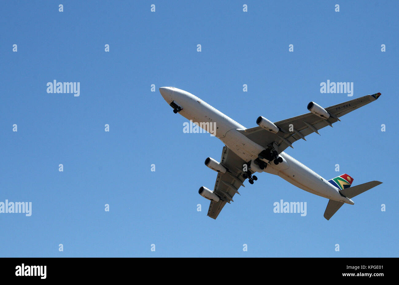 A340-313 commercial passenger jet airliner at Africa 2012 Aerospace and Defence airshow, Waterkloof Airbase, Pretoria. Stock Photo