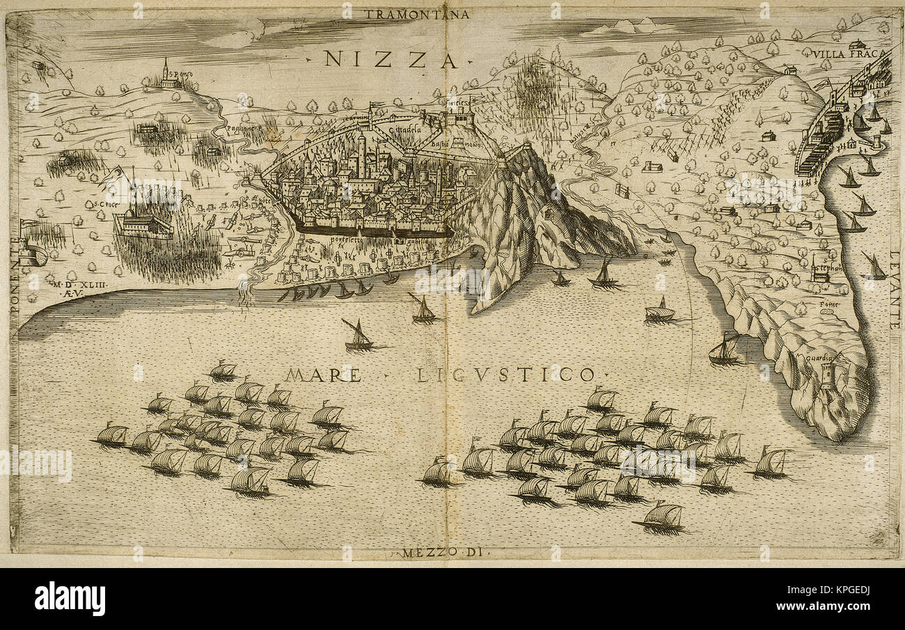 Italian War of 1542-46. Francis I of France and Suleiman I of the Ottoman Empire against Holy Roman Emperor Charles V and Henry VIII of England. Siege of Nice by a Franco-Ottoman fleet in 1543. At that time, Nice was under control of Charles III, ally of Charles V. A combined Franco-Ottoman force captured the city. Drawing by Toselli after an engraving by Aeneas Vico. Stock Photo