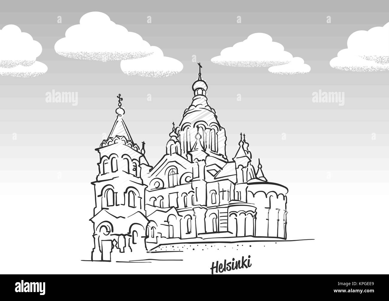 Helsinki, Finland famous landmark sketch. Lineart drawing by hand. Greeting card icon with title, vector illustration Stock Vector
