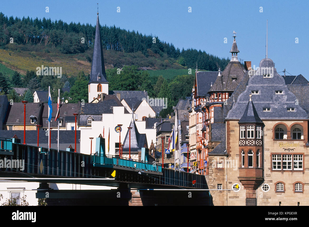 Germany, Rhineland-Palatinate, Traben-Trarbach, bridge across the Moselle River. Stock Photo