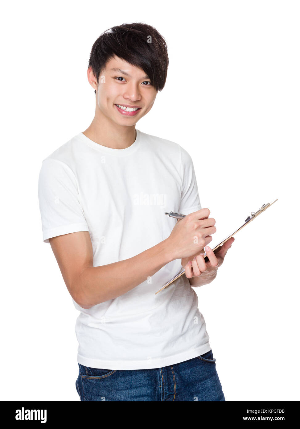 Young man take note on clipboard Stock Photo - Alamy