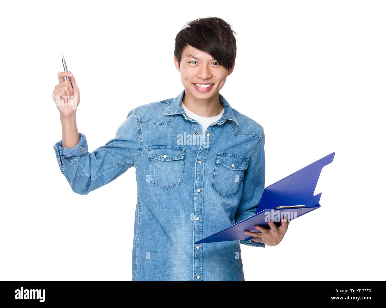Asian man pen point up with clipboard Stock Photo - Alamy