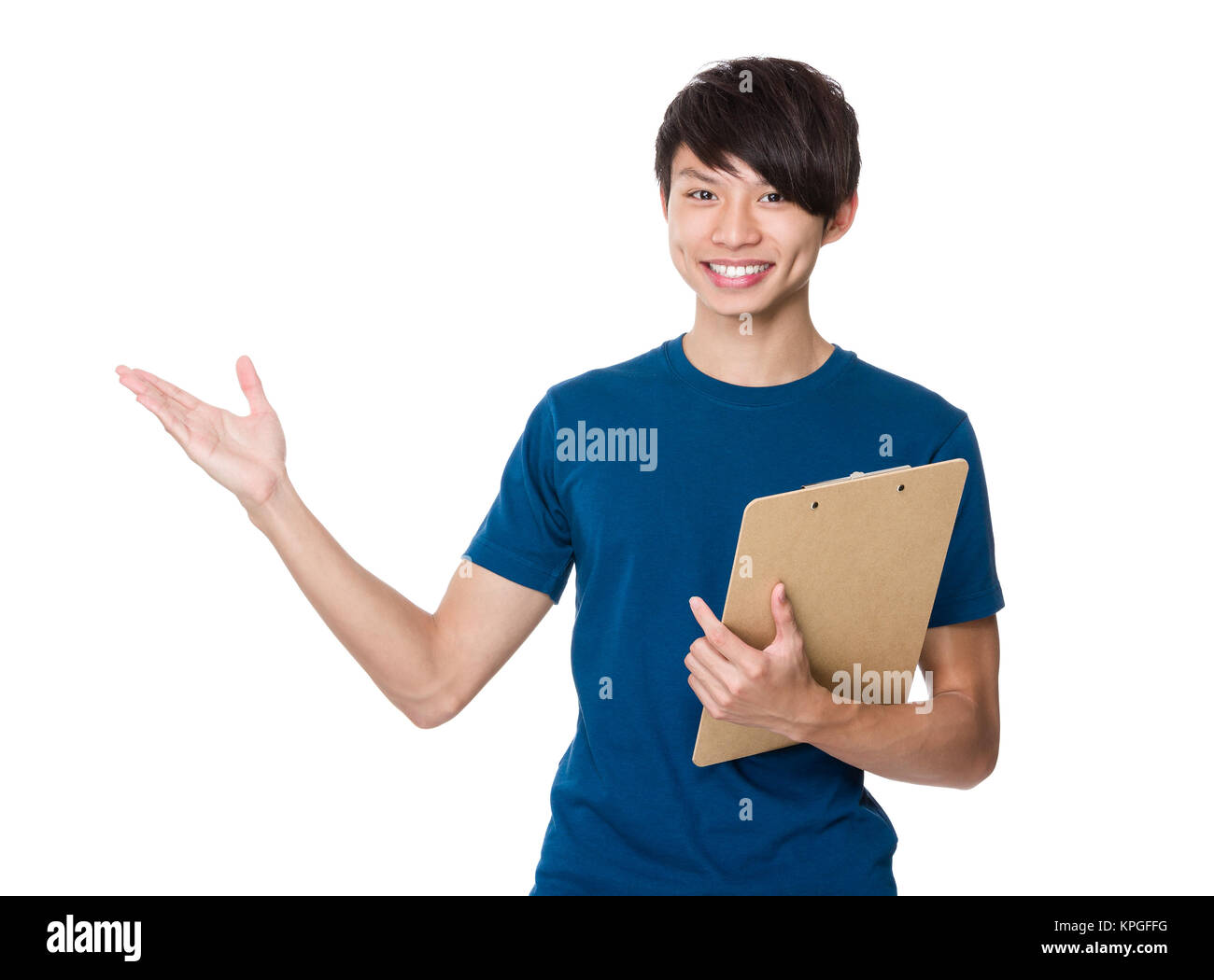 Asian man hold with clipboard and open hand palm Stock Photo - Alamy