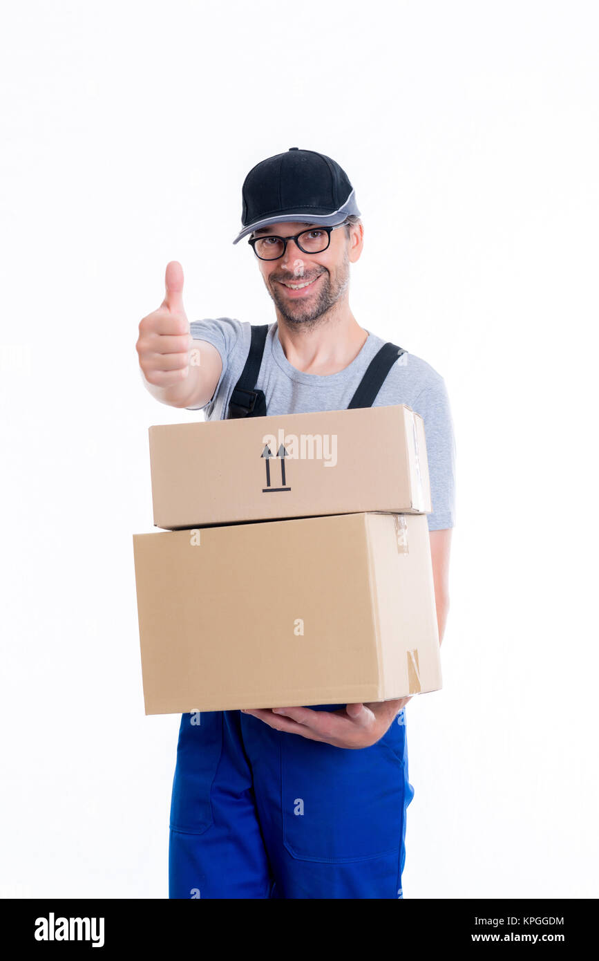 friendly postman with parcels and thumb up in front of white background ...
