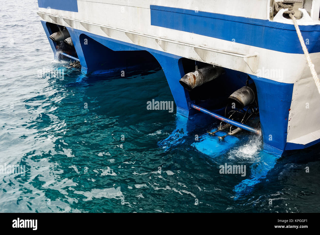 stern of a ship with the exhaust pipe of the diesel engine Stock Photo