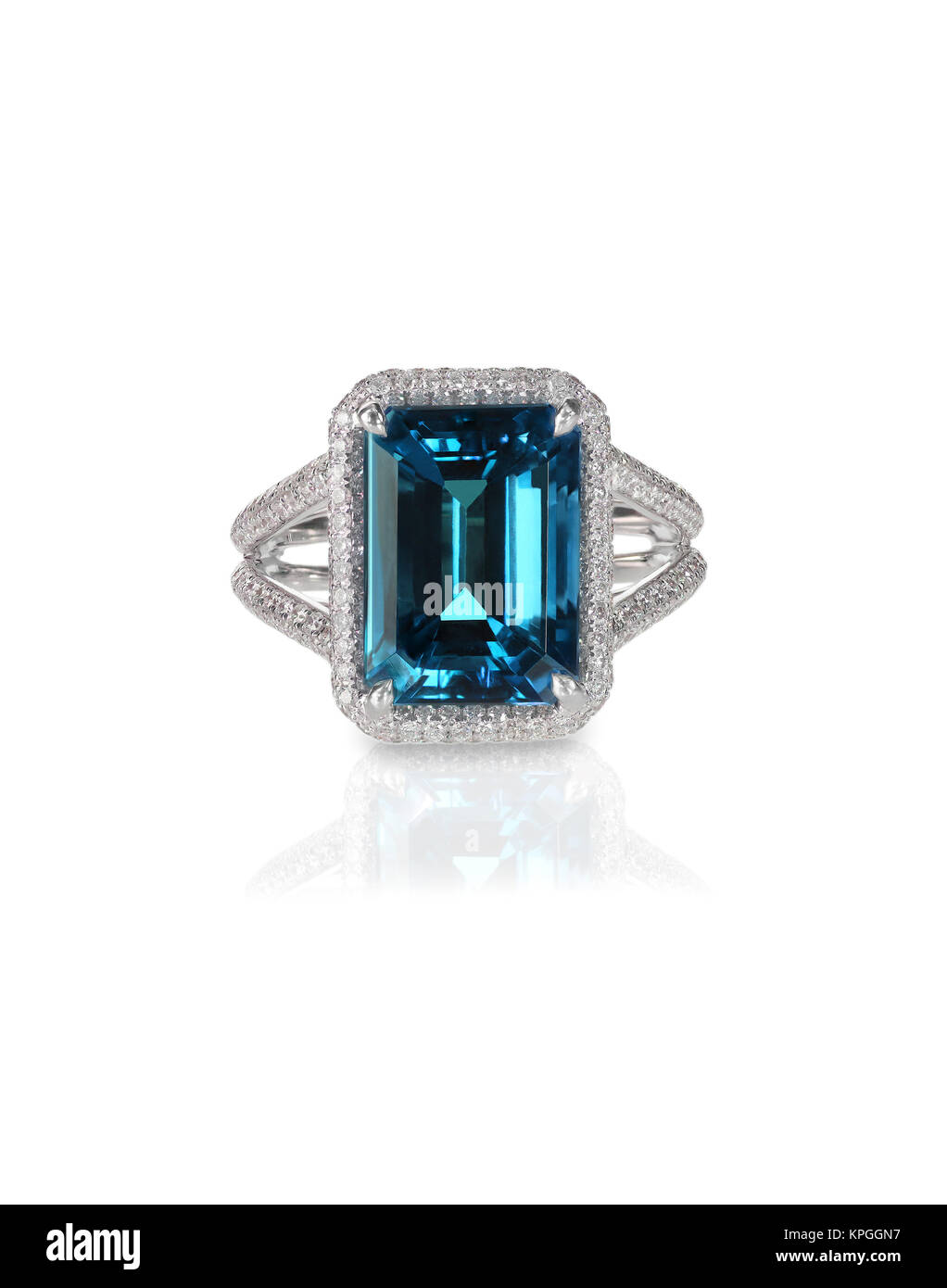 aquamarine center stone ring with diamond halo Stock Photo