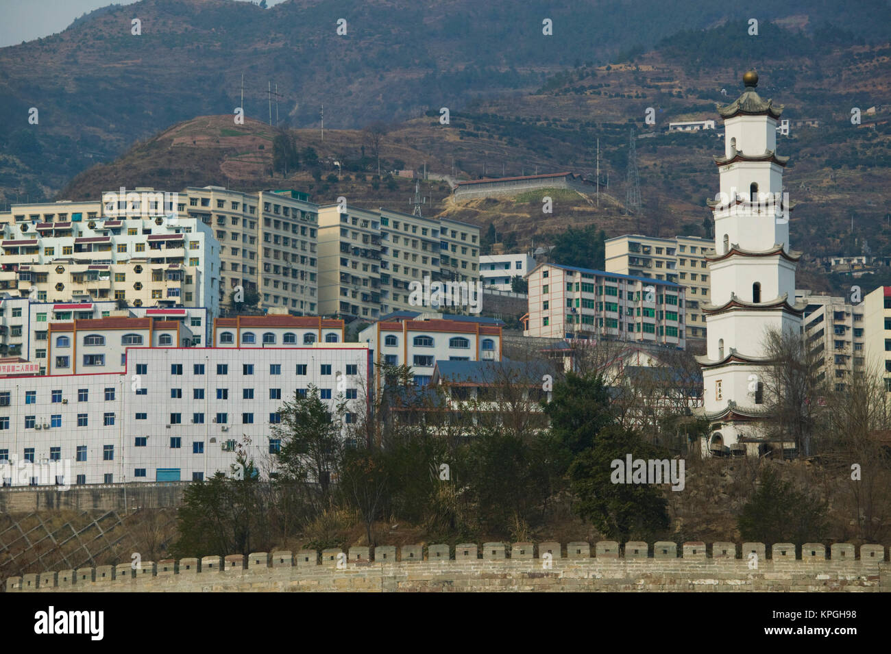 CHINA, Chongqing Province, Wanzhou (Wanxian). City and Port View of Newly Built Town on Yangzi River. Stock Photo
