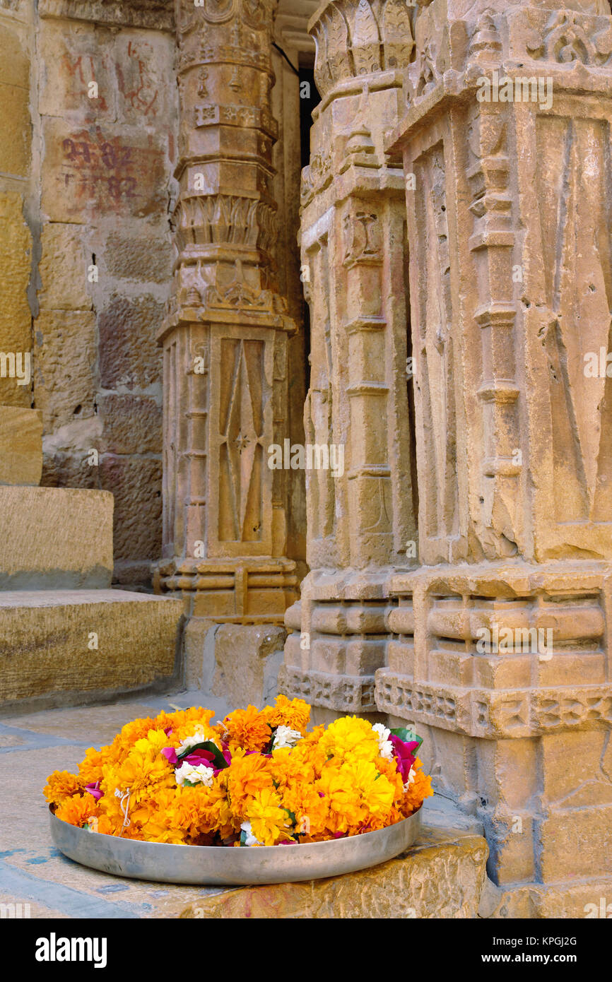 Flowers and columns, Jaisalmer Fort, Jaisalmer, India. Stock Photo