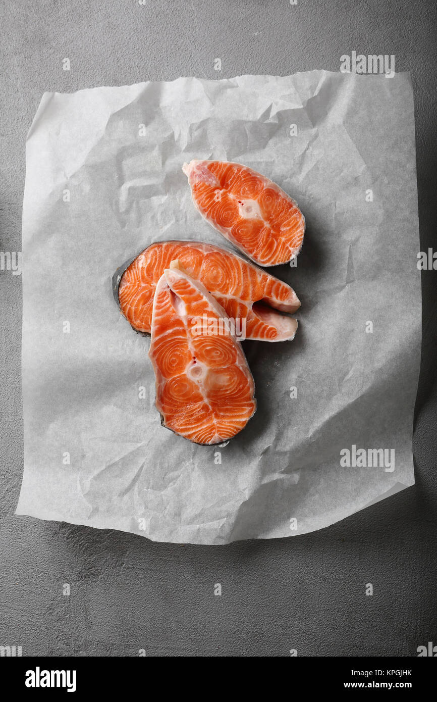 Raw salmon steaks, food above Stock Photo - Alamy