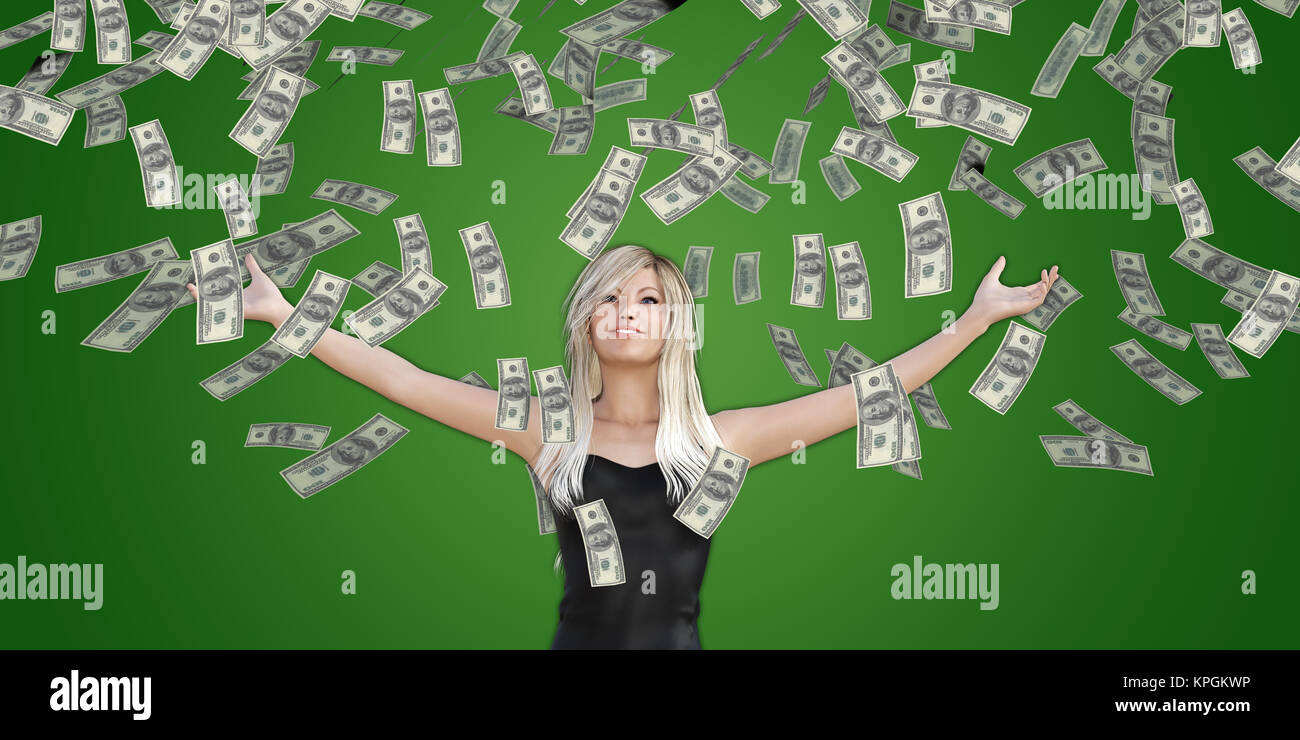 Woman Catching Money Falling From the Sky Stock Photo