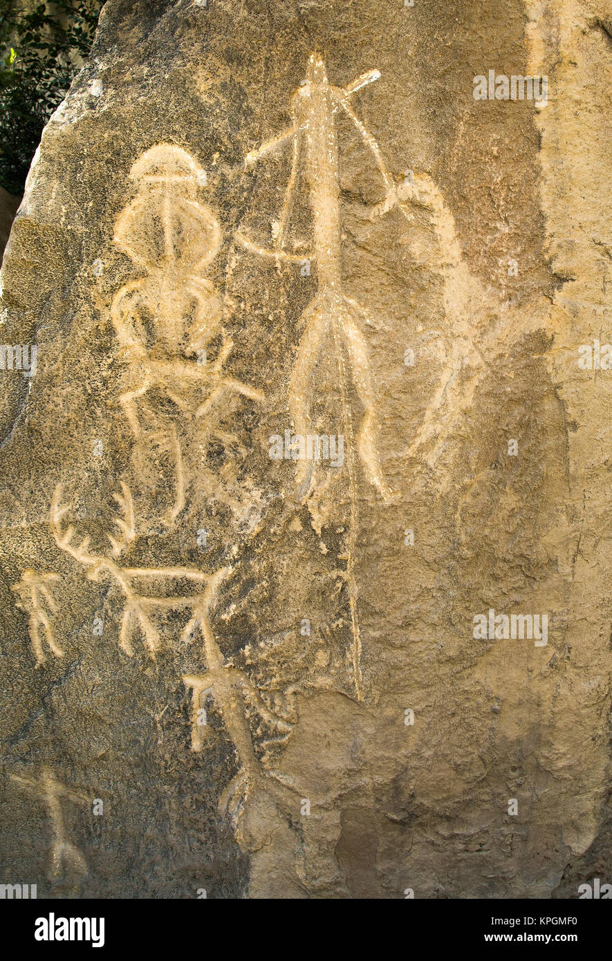 Prehistorical petroglyphs in Qobustan, Azerbaijan. Qobustan petroglyphs are listed by UNESCO as World Heritage. Stock Photo