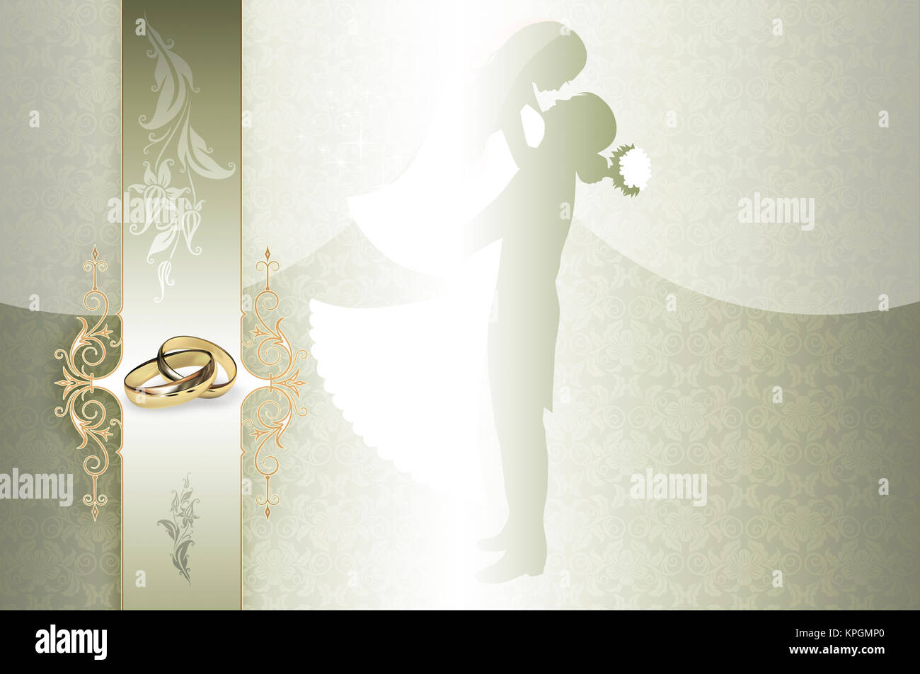 Decorative wedding background with gold rings,silhouette of newlyweds and  floral patterns Stock Photo - Alamy