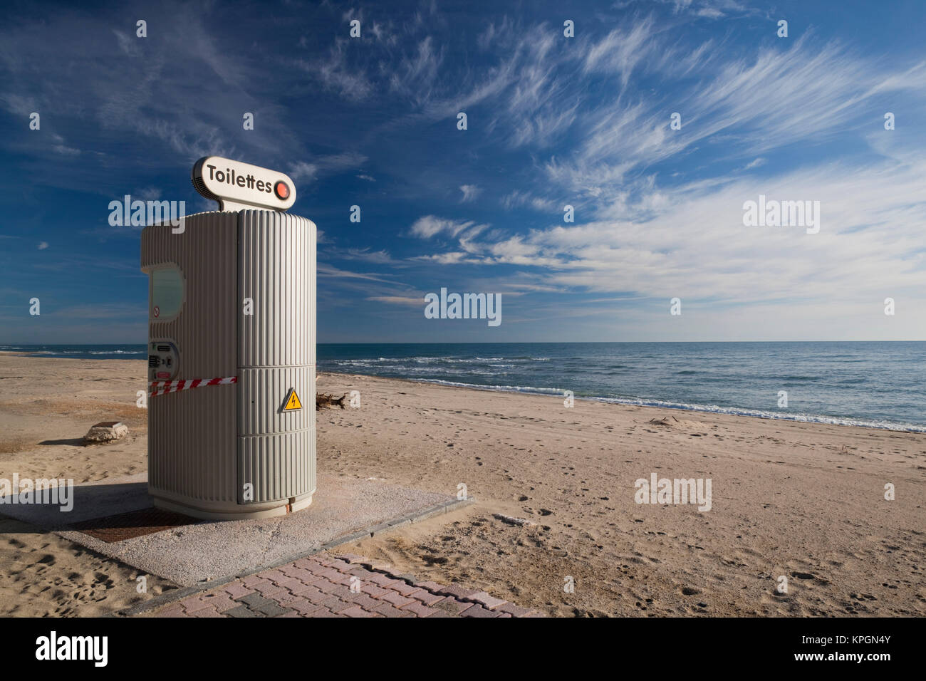 France, Languedoc-Roussillon, Pyrenees-Orientales Department, Port-Barcares, beachfront pay toilet Stock Photo