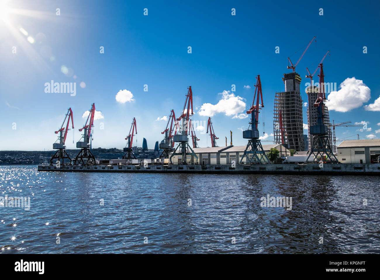 Sea trading port. Port cranes and cargo ships. Baku , Azerbeijan, Europe. Stock Photo