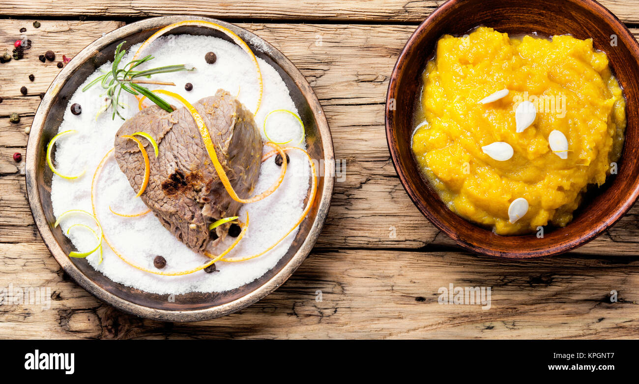 beef stew and a cabbage porridge in a rural style Stock Photo Alamy