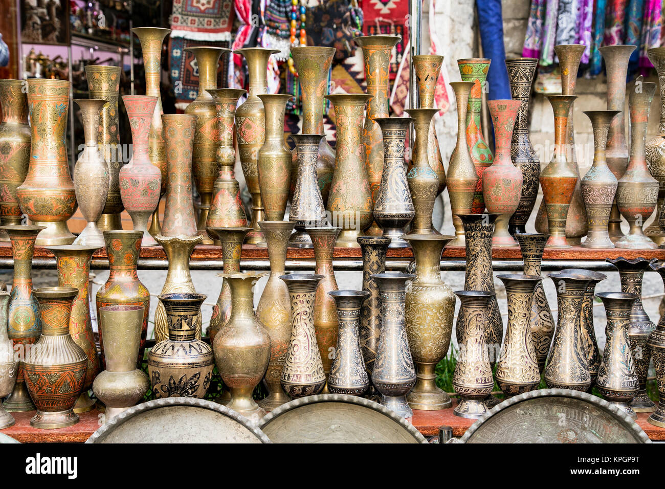 Old oriental antiques barass vases on street market in Baku, Azerbeijan. Stock Photo