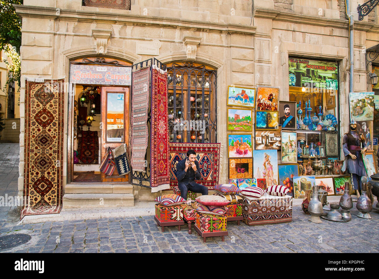 BAKU,AZERBAIJAN- OCT, 2016: Souvenir shop in Icheri Sheher (Old Town) of Baku on Oct 3, 2016, Azerbaijan. Typical tourist shop with souvenirs and anti Stock Photo