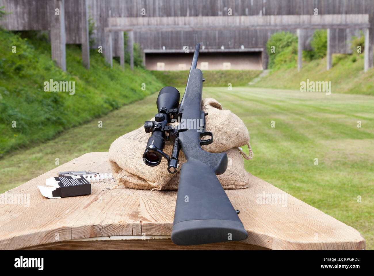 sniper rifle on gun range Stock Photo