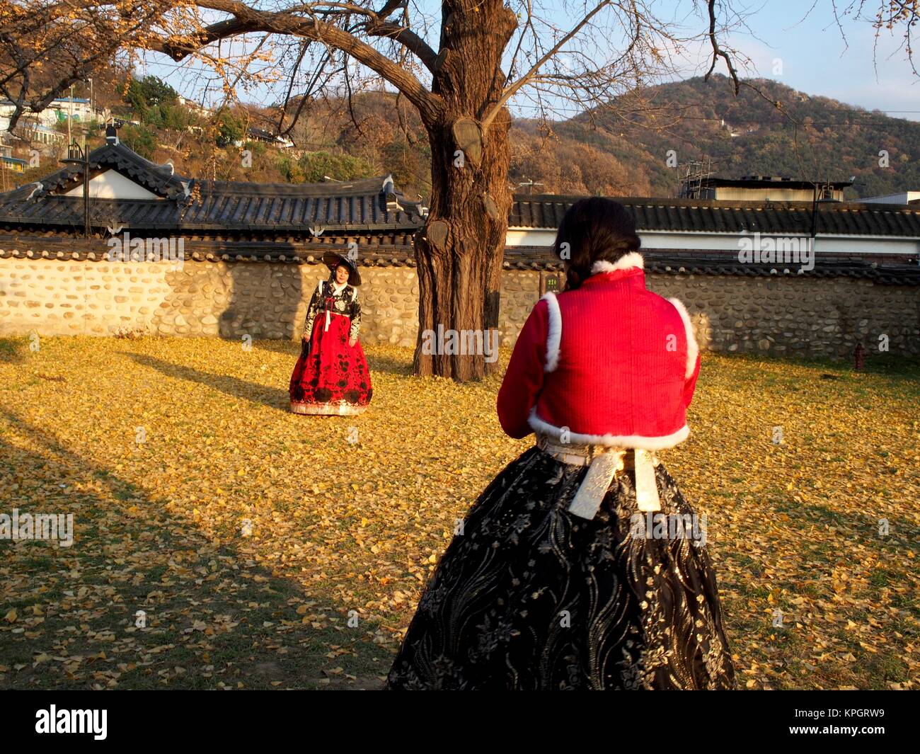 Tourists in Hanbok costume Stock Photo