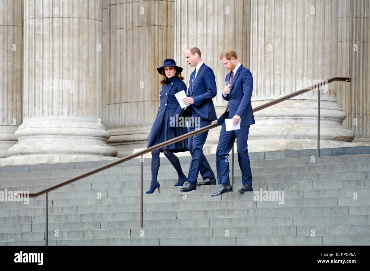 Catherine, Prince William (Duke and Duchess of Cambridge) and Prince Harry, leaving St Paul's Cathedral after a memorial service (14th Dec 2017) .... Stock Photo