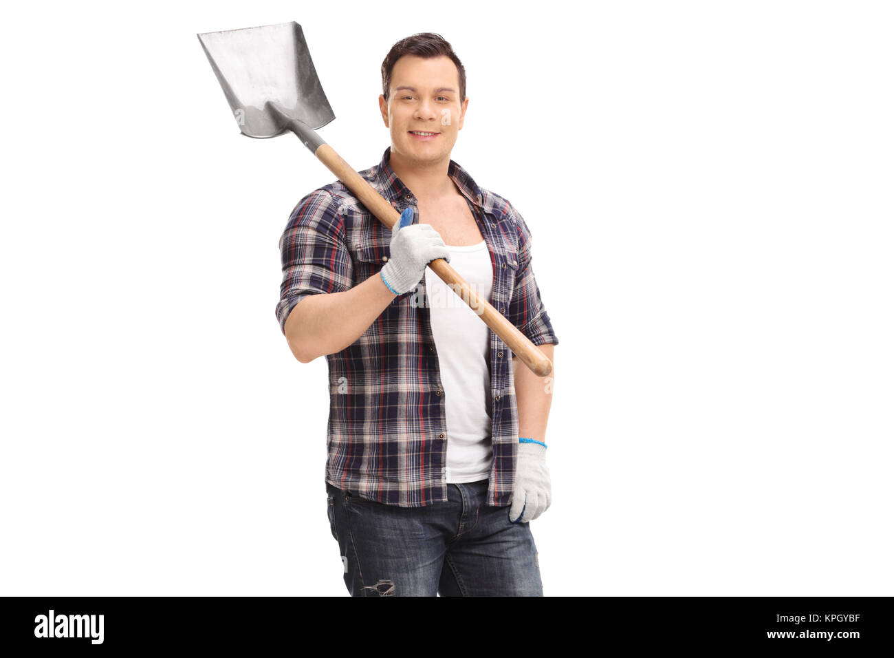 Gardener with a shovel isolated on white background Stock Photo