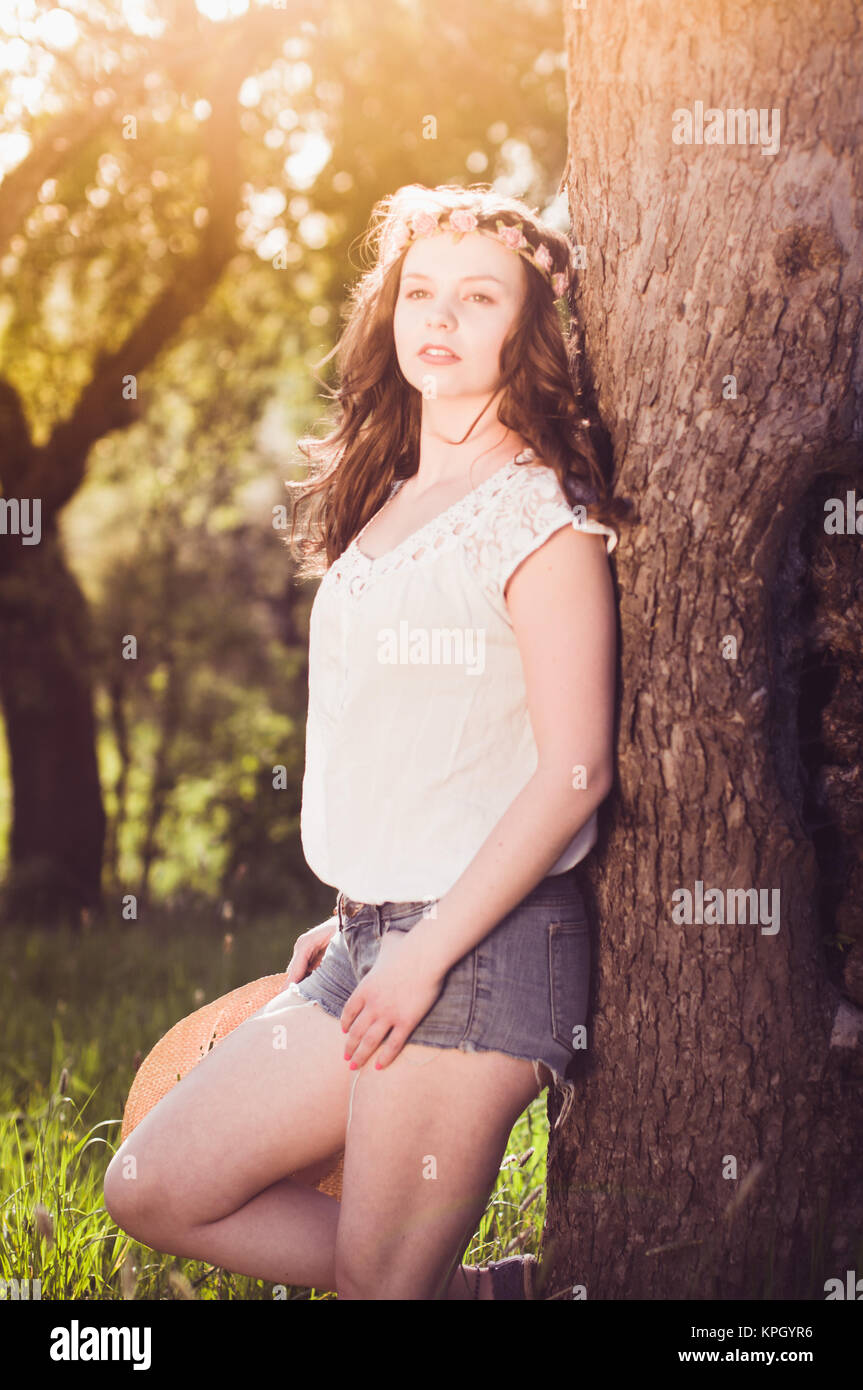 young women in cherry garden Stock Photo - Alamy