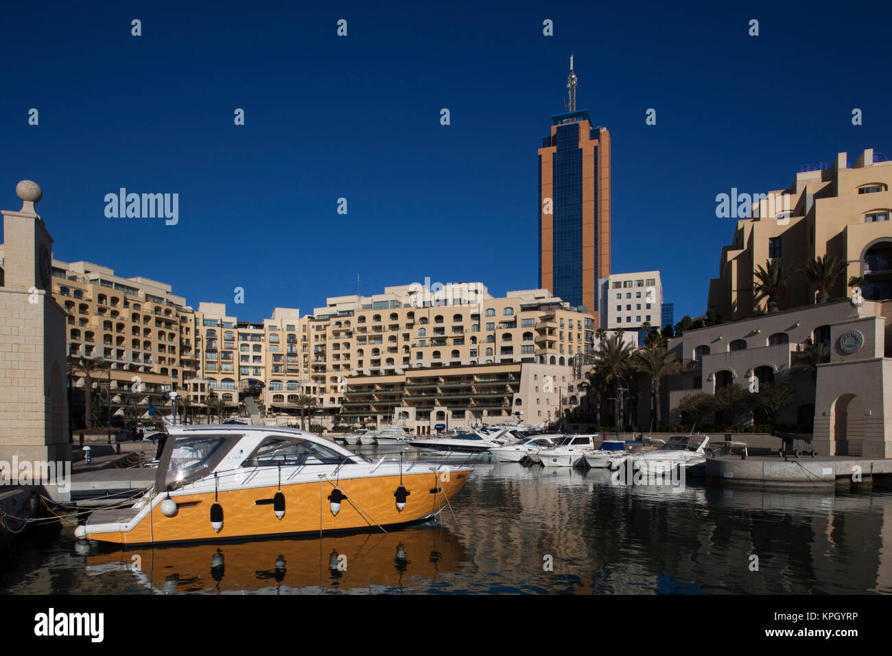 Malta, Valletta, St. Julian's, Portomaso Marina and Portomaso Tower Stock Photo