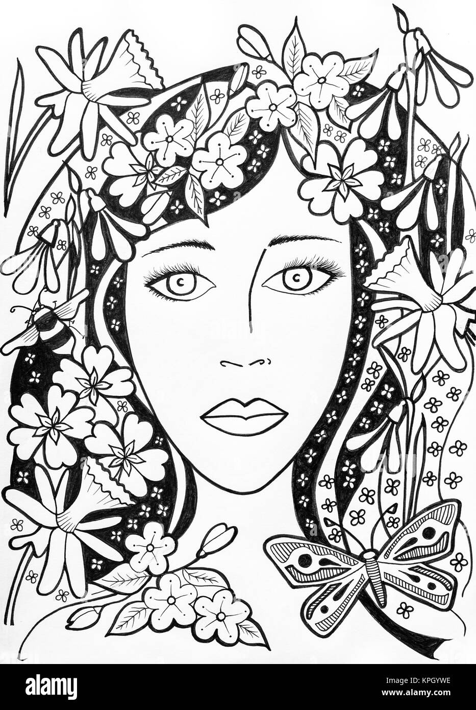 Hand drawn ink Illustration of a young femaile face with Spring seasonal hair decoration. Stock Photo