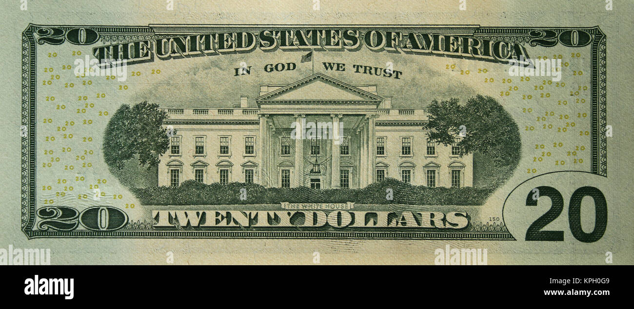 Close-up of the reverse side of a twenty dollar bill, United States of America Stock Photo