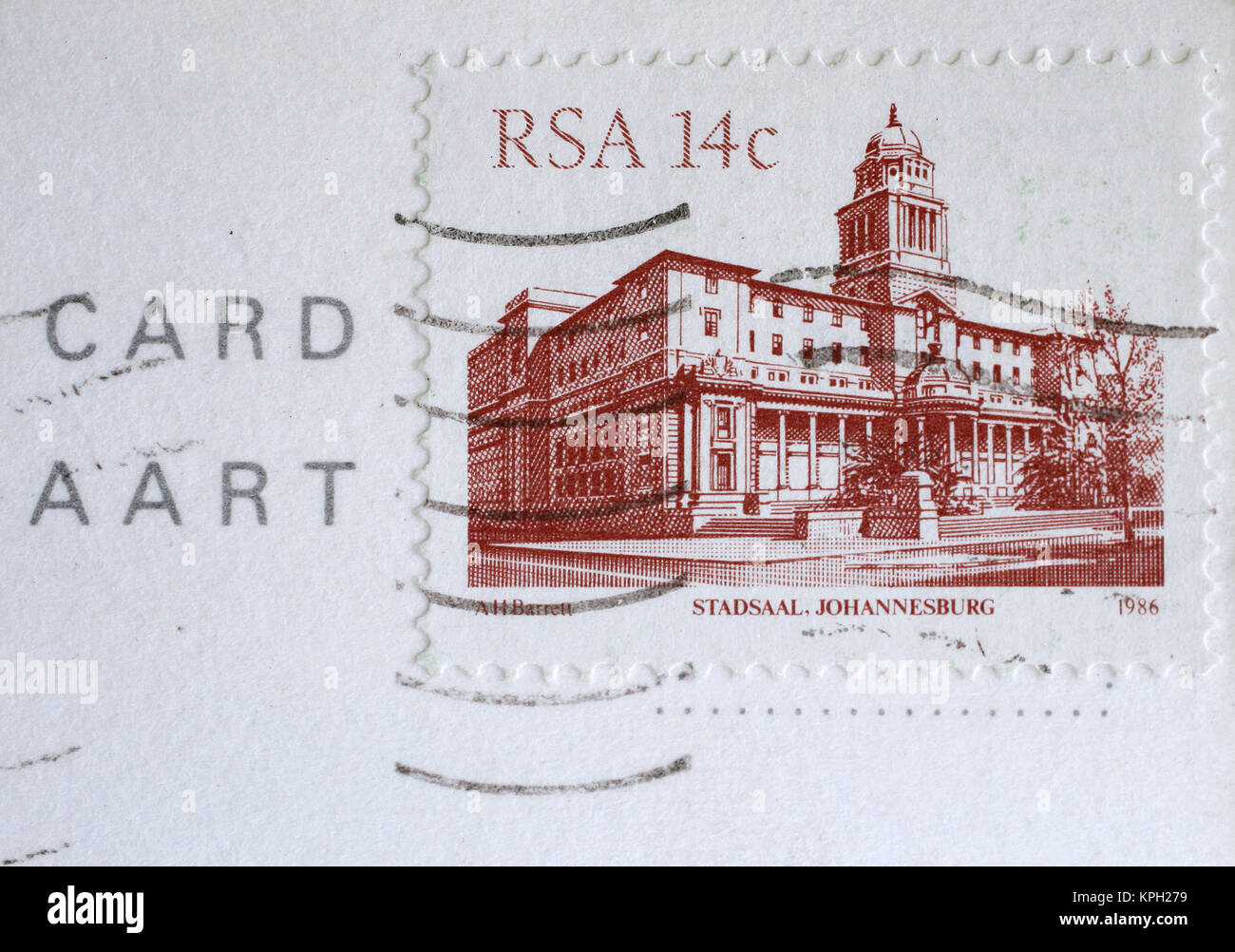 Johannesburg City Hall postage stamp from 1986 on a card, Gauteng Province, South Africa. Stock Photo