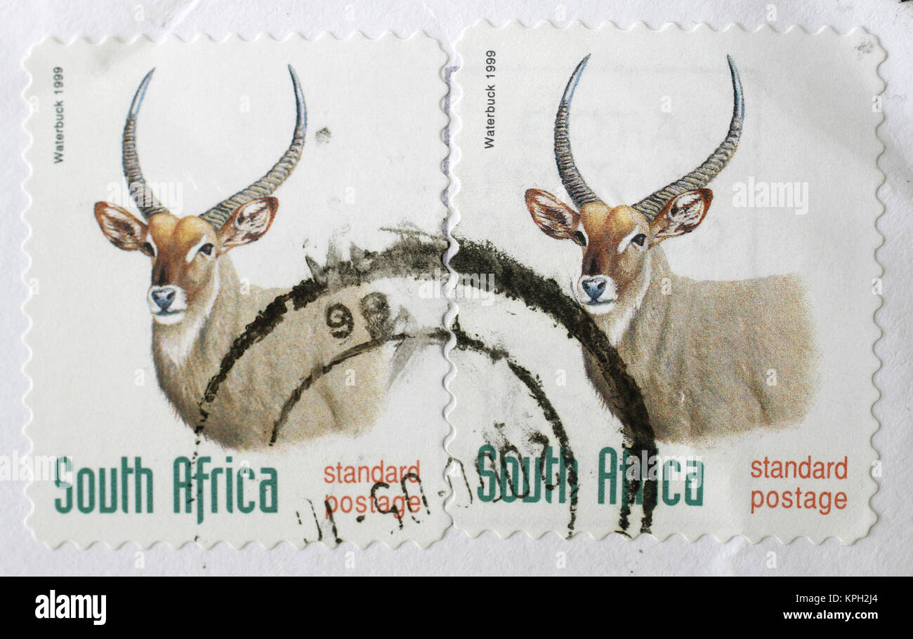 Two indentical South African postage stamps with Waterbuck, Standard