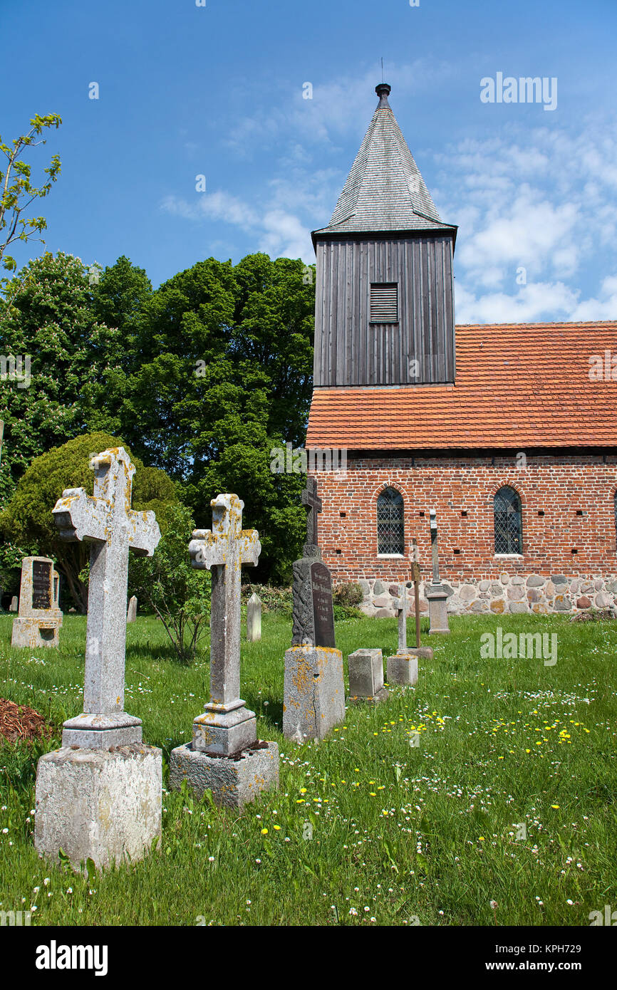 Village church with wooden tower, gotic style, cementary, Gross Zicker, Ruegen island, Mecklenburg-Western Pomerania, Baltic Sea, Germany, Europe Stock Photo